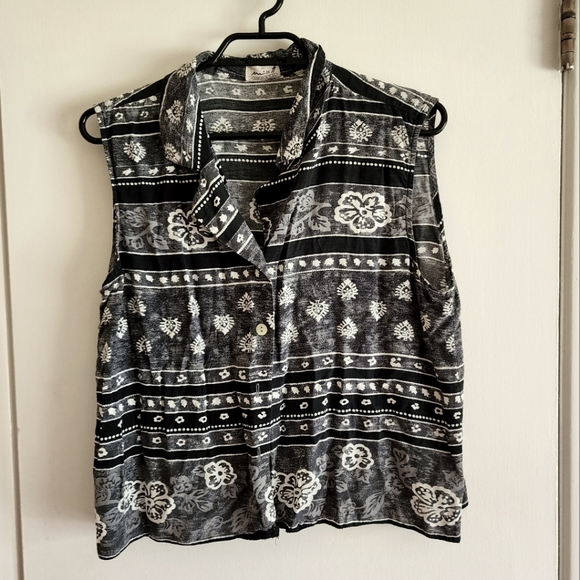 Vintage Tops - 80s vintage sleeveless blouse gray 100% viscose with collar floral pattern